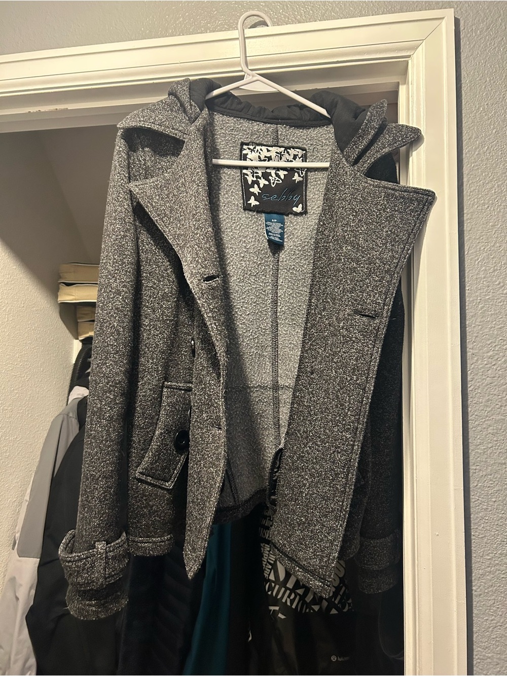 Sebby Women's Grey Hooded Pea Coat